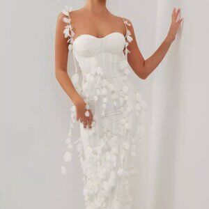 HEIRESS WHITE CORSET PETAL LINEN MAXI DRESS - XS - NEW - WEDDING BACHELORETTE